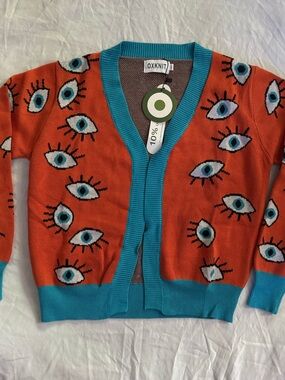 OXKNIT Orange Eye-Print Cardigan with Turquoise Trim